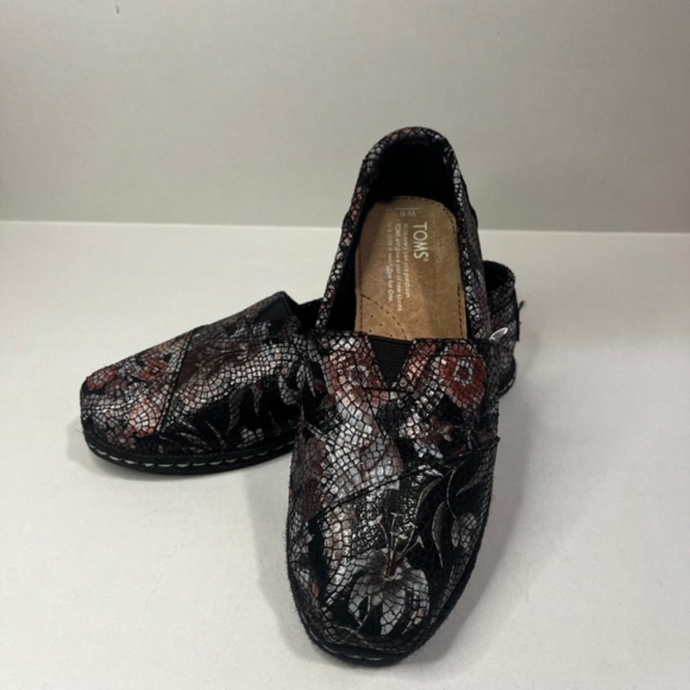 TOMS Alpargata Black Floral Leather‎ Slip On Flats Women 6W Comfort Boho Casual